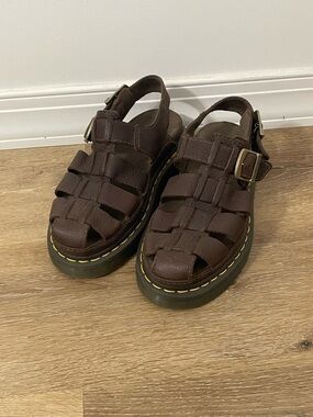 Dr. Martens Brown Leather Fisherman Sandals with Yellow Stitching
